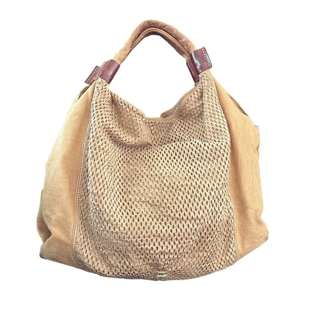 49 Square Miles Nubuck Leather Slouchy Hobo Shoulder Bag Perforated Tan Tote - Picture 3 of 14